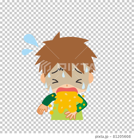 Illustration of a cute little boy who is vomiting while sweating fat White background clip art 81205608