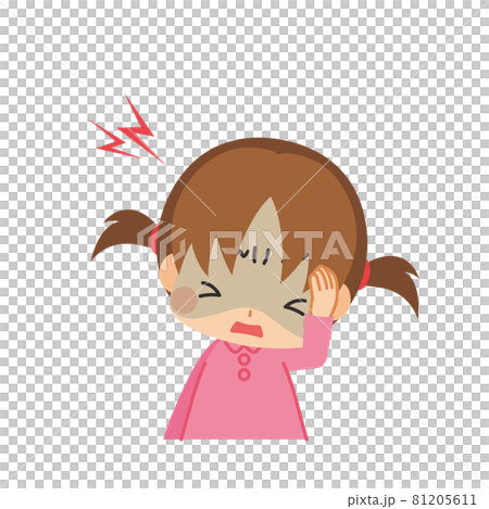 Illustration of a cute little girl suffering from a headache and holding her head White background clip art 81205611