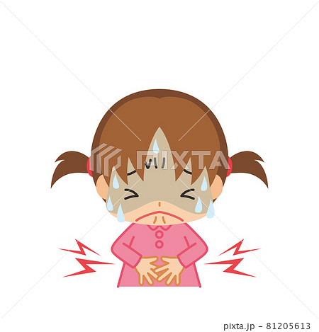 腹痛でお腹を抱えてうずくまって苦しんでいる可愛い小さな女の子のイラスト 白背景 クリップアートのイラスト素材