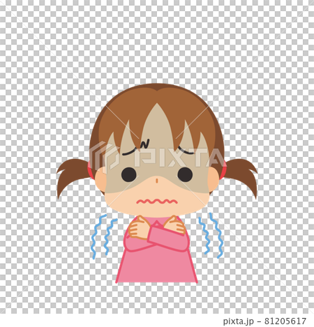 寒気がしてブルブル震えている顔色の悪い可愛い小さな女の子のイラスト　白背景　クリップアート 81205617