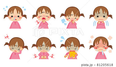 様々な体調不良の症状と可愛い小さな女の子のイラスト セット 白背景 バリエーションのイラスト素材