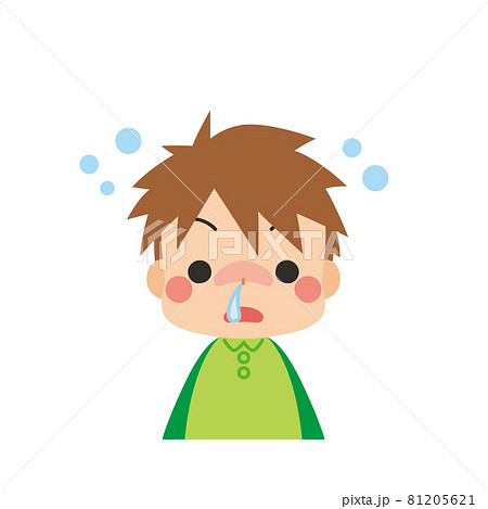 鼻づまりでボーっと意識が朦朧としている可愛い小さな男の子のイラスト 白背景 クリップアートのイラスト素材