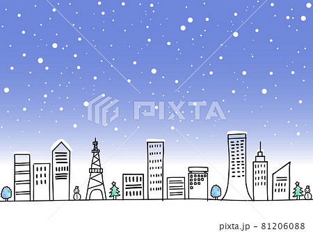 クリスマスの街並みと雪のシンプル線画イラスト 81206088