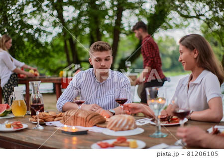 friends having picnic french dinner party outdoor during summer holiday friends having picnic french dinner party outdoor during summer holiday 81206105
