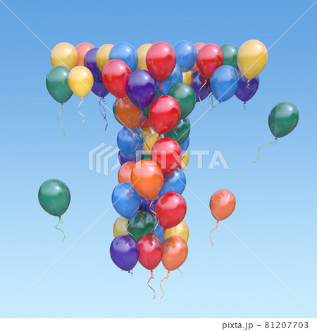 Letter T from balloons in the sky. Text letter for holiday, birthday, celebration. Letter T from balloons in the sky. Text letter for holiday, birthday, celebration. 81207703