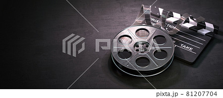 Film reel and clapper board on black background. Movie, video and cinema prodaction and edition concept. Film reel and clapper board on black background. Movie, video and cinema prodaction and edition concept. 81207704