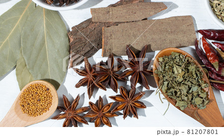 インドカレーのスパイス(マスターシード、シナモン、カスリメティ、ベイリーフ等) インドカレーのスパイス(マスターシード、シナモン、カスリメティ、ベイリーフ等) 81207801