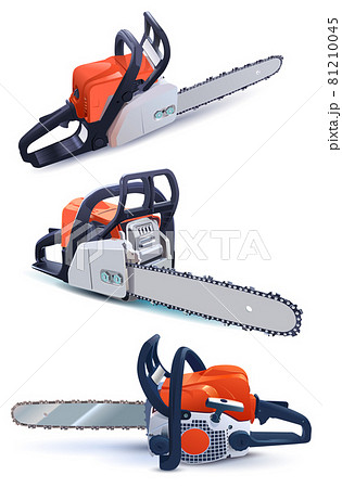 Set gasoline chain saw 3d image isolated on white timber harvesting 81210045