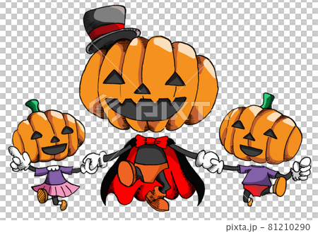 ハロウィンのキャラクター・なかよく手をつないで歩くかぼちゃの親子の