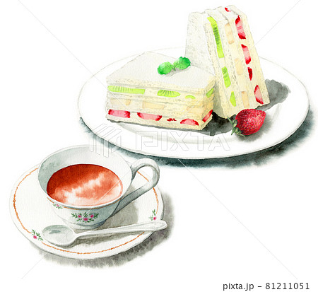 アナログ水彩フルーツサンドと紅茶のイラスト素材 アナログ水彩フルーツサンドと紅茶のイラスト素材