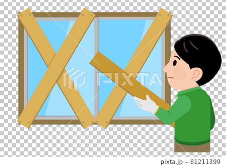 台風対策4 板で窓ガラスを補強する作業中の男性 イラストのイラスト素材