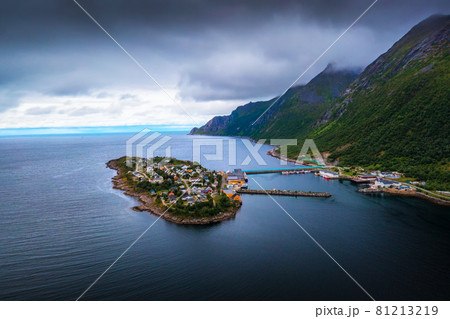 Aerial view of the Husoy fishing village on the Senja Island, Norway 81213219