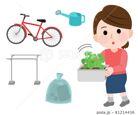 台風対策 飛びそうなものを家の中しまう女性1 イラストのイラスト素材