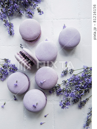 French macarons with lavender flavor and fresh lavender flowers French macarons with lavender flavor and fresh lavender flowers 81216156