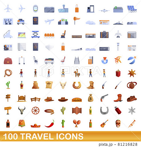 100 travel icons set, cartoon style 81216828