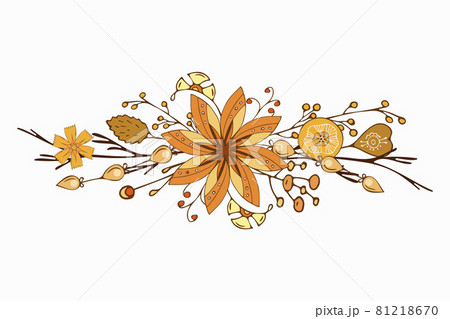 Ornament autumn beautiful delicate doodling flowers leaves twigs hand drawing, isolated, white background, element for your design, for holiday greeting cards. 81218670