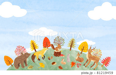 秋の森に集まるかわいい動物たちのイラスト 手描き水彩画 02 秋の森に集まるかわいい動物たちのイラスト 手描き水彩画 02 81219459