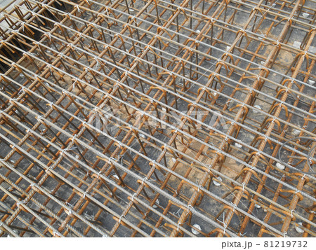 SELANGOR, MALAYSIA -MAY 18, 2016: Hot rolled deformed steel bars or steel reinforcement bar tied together before cast in the concrete. Its function is to increase the concrete strength.  81219732