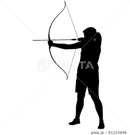 Silhouette attractive female archer bending a bow and aiming in the target. 81224896