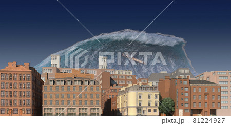 Tsunami wave apocalyptic water view urban flood Storm. 3D illustration 81224927