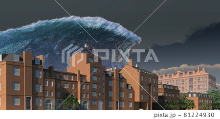 Tsunami wave apocalyptic water view urban flood Storm. 3D illustration 81224930