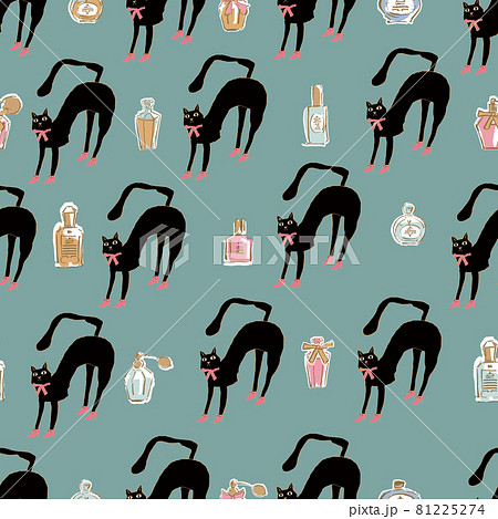 ハイヒールの黒猫と香水のシームレスなパターン テキスタイル 壁紙 包装紙のデザイン のイラスト素材