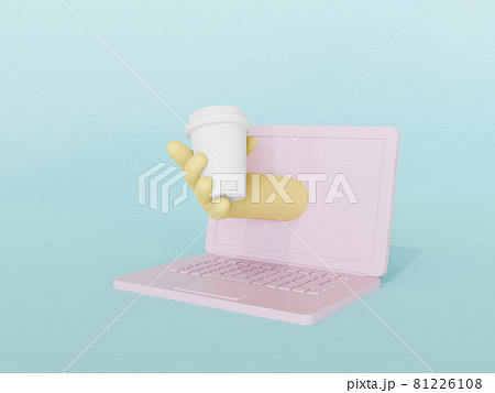 Laptop with hand holding coffee cup. Take a coffee brake office concept 3d rendering illustration. 81226108