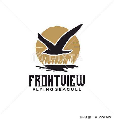 Black flying seagull over water and sunset logo design Black flying seagull over water and sunset logo design 81228489