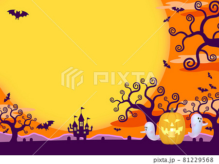 ハロウィン　背景イラスト素材　（2_3_3）　夕陽　オレンジ背景　カボチャ　ゴースト 81229568