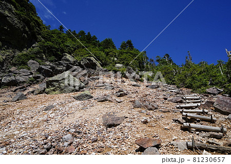 長野県　志賀高原　大沼池から赤石山ハイキング　赤石山山頂付近のガレ場 81230657