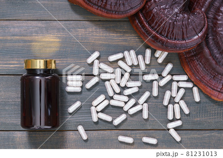 Ganoderma lucidum mushroom and capsule with bottle mockup Ganoderma lucidum mushroom and capsule with bottle mockup 81231013