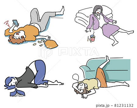 気力が尽きてだらける女性4人セット 81231132