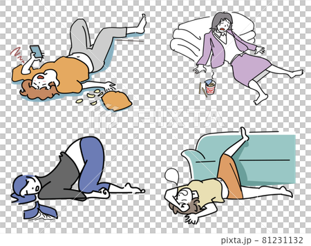 気力が尽きてだらける女性4人セット 81231132