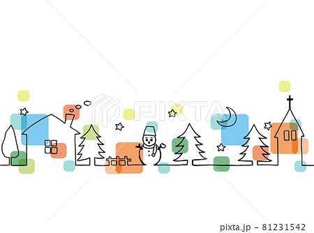 かわいい冬の風景 線画イラストのイラスト素材