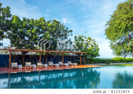 Empty chaise longue and smodern wimming pool. Empty chaise longue and smodern wimming pool. 81231825