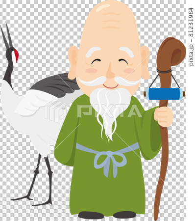 Illustration of Fukurokuju and a crane, one of the Seven Lucky Gods 81231984