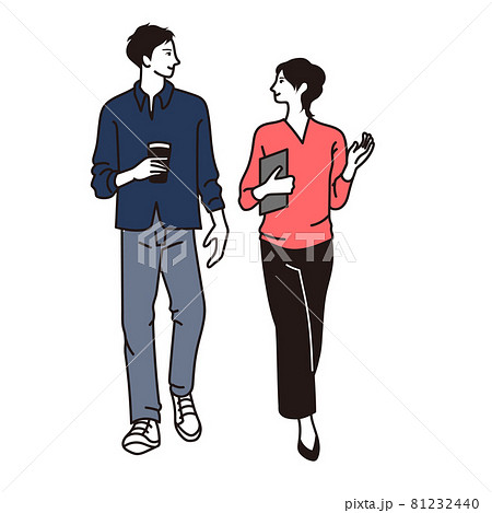 オフィスの男女が話しながら歩くイラストベクターのイラスト素材