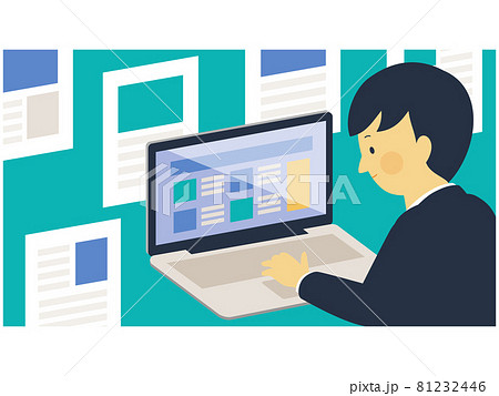 ノートパソコンでウェブメディアを利用する男性のベクターイラスト ノートパソコンでウェブメディアを利用する男性のベクターイラスト 81232446