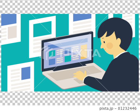 ノートパソコンでウェブメディアを利用する男性のベクターイラスト ノートパソコンでウェブメディアを利用する男性のベクターイラスト 81232446