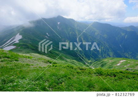 高山植物が咲き誇り、美しい稜線と雪渓が織りなす雄大な山岳風景が魅力の名峰、大朝日岳(朝日連峰) 高山植物が咲き誇り、美しい稜線と雪渓が織りなす雄大な山岳風景が魅力の名峰、大朝日岳(朝日連峰) 81232769