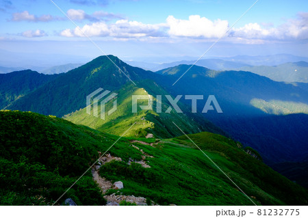 高山植物が咲き誇り、美しい稜線と雪渓が織りなす雄大な山岳風景が魅力の名峰、大朝日岳(朝日連峰) 高山植物が咲き誇り、美しい稜線と雪渓が織りなす雄大な山岳風景が魅力の名峰、大朝日岳(朝日連峰) 81232775