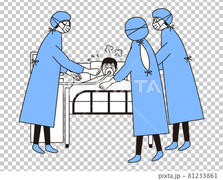 重症病床の男性患者と医療従事者たち 81233861