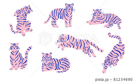 ピンクのかわいい虎のイラストセットのイラスト素材