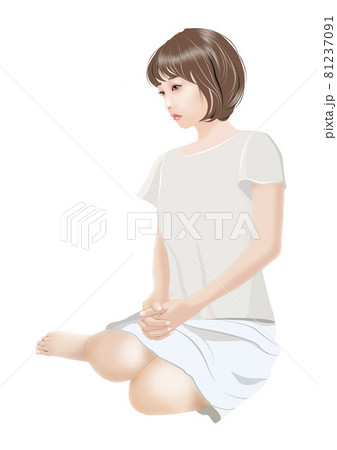 床に座り考え込む若い女性のイラスト素材