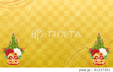 正月飾りの門松と市松模様の金色のベクターイラスト背景(和柄,日本,年末年始,コピースペース) 81237301