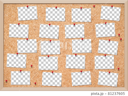 コルクボードにピン留めされて並べた写真　メモ　フレーム 81237605