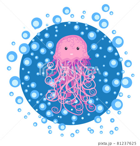 Funny jellyfish hand drawn among water bubbles. Cute marine life, Scandinavian style, detailed 81237625