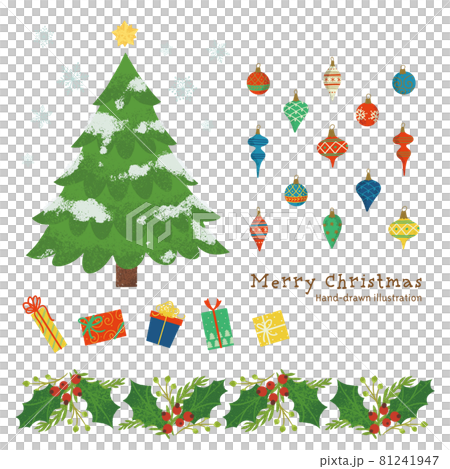 ツリーといろいろなオーナメントのイラスト/クリスマスデコレーション ツリーといろいろなオーナメントのイラスト/クリスマスデコレーション 81241947