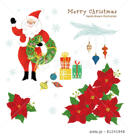 クリスマスモチーフ サンタとポインセチアのイラストのイラスト素材
