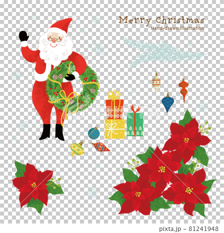 クリスマスモチーフ/サンタとポインセチアのイラスト 81241948